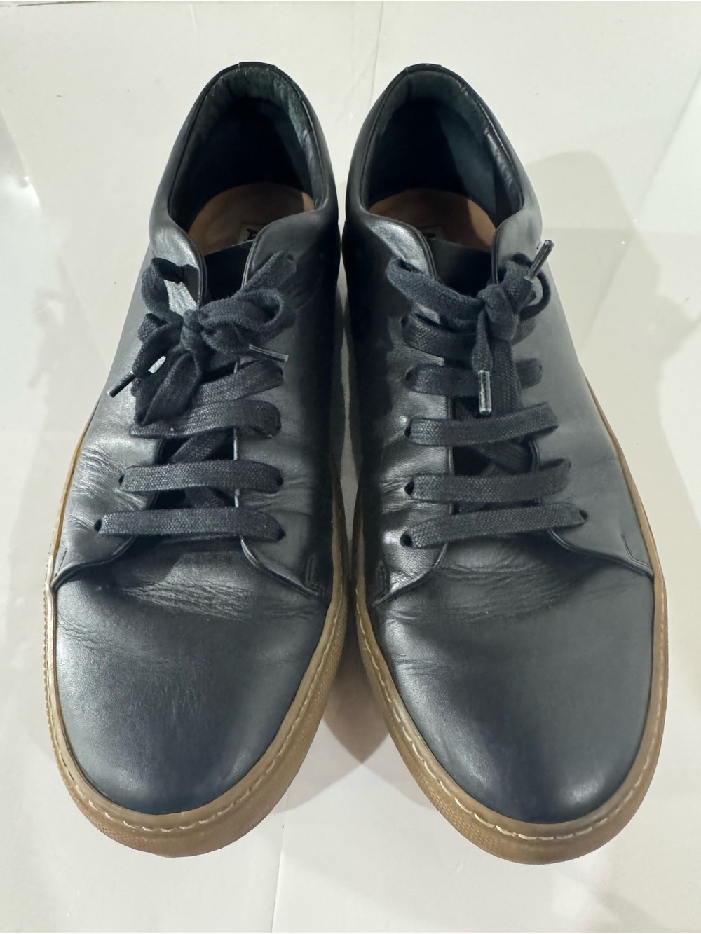 Acne Black Leather Lace-Up Oxfords with Tan Rubber Sole Size 42
